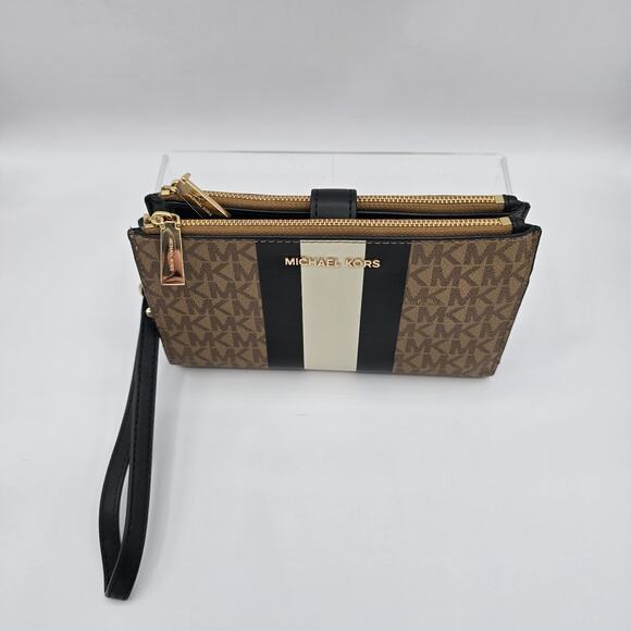 Michael Kors Wristlet Double Zip Brown Monogram Jet Set 7.5" x 4.5" - Picture 1 of 12